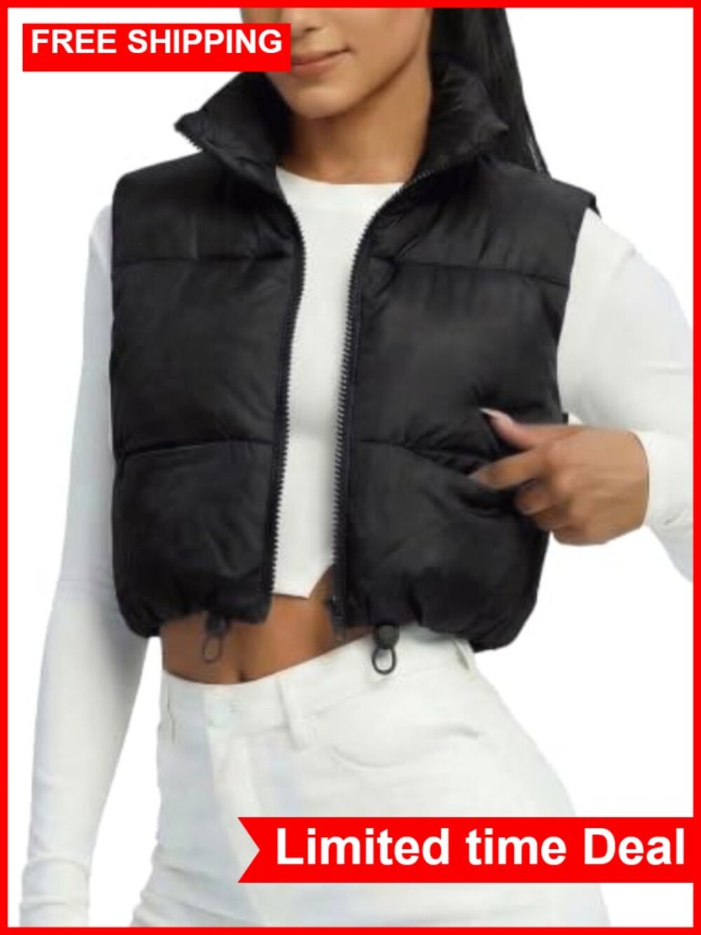Women's Cropped Puffer Vest Lightweight Zip Pockets Stand Collar Quilted